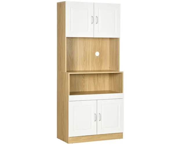 HOMCOM Dulap Inalt pentru Camara, Design Modern Alb si Lemn, 4 Usi si Raft Deschis, Ideal pentru Bucatarie si Sufragerie, 80x40x180 cm | Aosom Romania