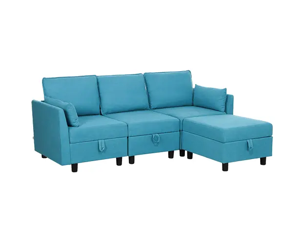 HOMCOM Canapea Modulara cu Taburet si Spatii de Depozitare, Canapea Coltar in Forma de L, 213x156x88 cm, Albastru | Aosom Romania