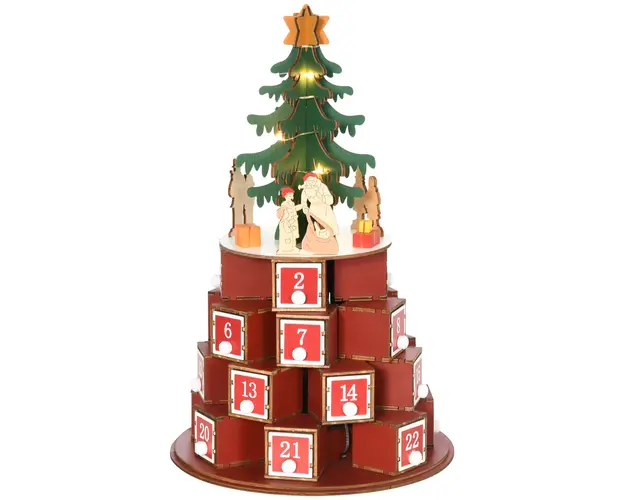 Calendar Advent de Craciun din lemn, cu lumini LED, pentru copii si adulti, rosu si verde HOMCOM | Aosom Romania