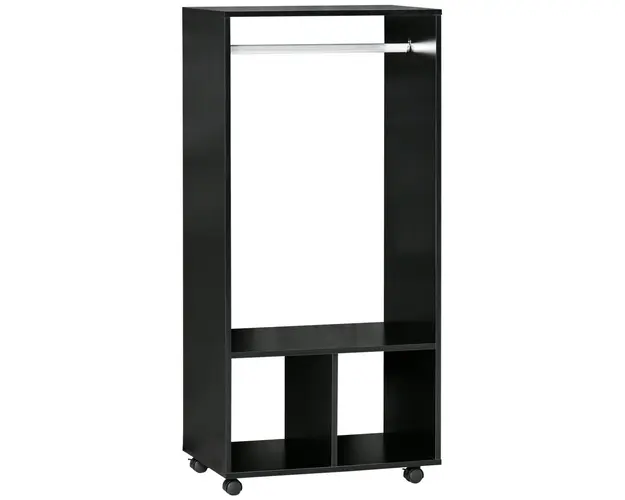 HOMCOM Cuier cu Bara din Aluminiu si 2 Rafturi Deschise, Cuier din PAL, 60x40x128 cm, Negru | Aosom Romania