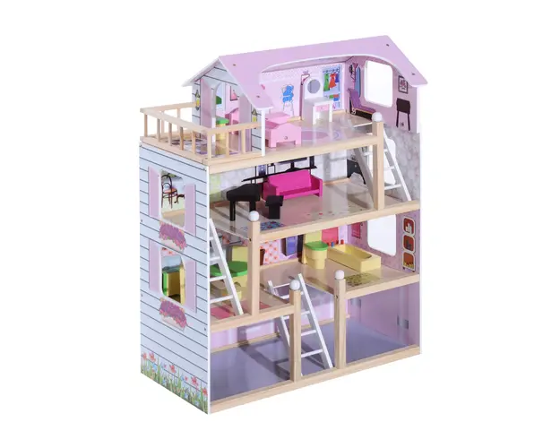 HOMCOM Casa de Papusi din Lemn cu 4 Etaje si Accesorii, Design Roz, pentru Jocuri de Rol, 60x30x80 cm | Aosom Romania