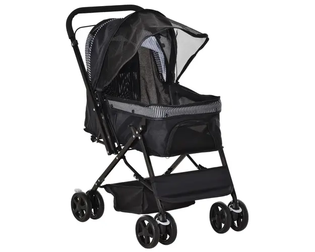PawHut Carucior Pliabil pentru Cainii Mici, Maner Reversibil, Roti EVA, Negru, 76.5x52x95cm | Aosom Romania