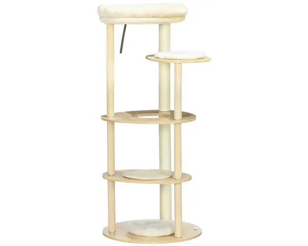 PawHut Ansamblu Multifunctional pentru Pisici din PAL si Lemn cu Stalp de Zgariat din Sisal, Pat de Plus, Ø54x123.5 cm, Stejar | Aosom Romania