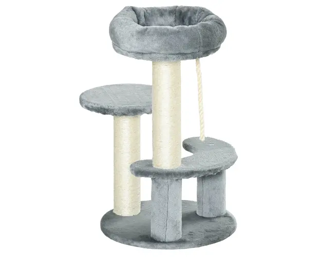 Copac pentru Pisici cu 3 Niveluri, 2 platforme si franghie, din Plus, Sisal, Natural Gri Ф40x65cm PawHut | Aosom Romania