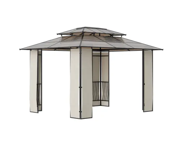 Outsunny Pavilion de Gradina, Pergola cu Acoperis Rigid din Policarbonat si Cadru Metalic, cu Acoperis Dublu, 3.65x3x2.75 m, Maro | Aosom Romania