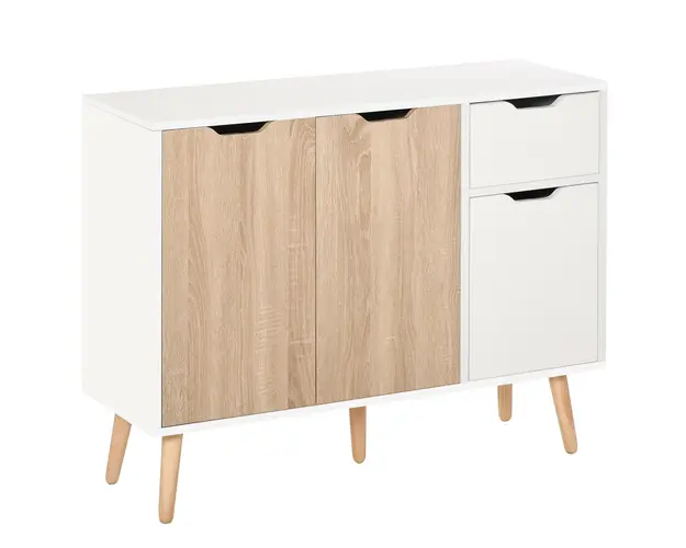 HOMCOM Dulap Multifunctional cu Sertar si Usi, Stil Nordic, pentru Dormitor sau Living, Alb si Culoare Lemn | Aosom Romania
