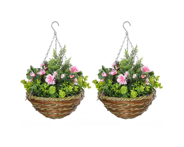 Outsunny Set 2 Ghivece de Agatat cu Plante Artificiale Lisianthus, Suport din Rachita si Baza de Ciment, Ф25x34cm | Aosom Romania