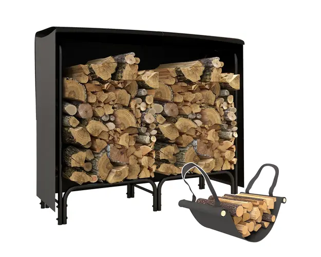 Outsunny Suport pentru Lemne din Metal cu Rastel Reglabil, Geanta de Panza si Husa Impermeabila, 120x36x99 cm, Negru | Aosom Romania
