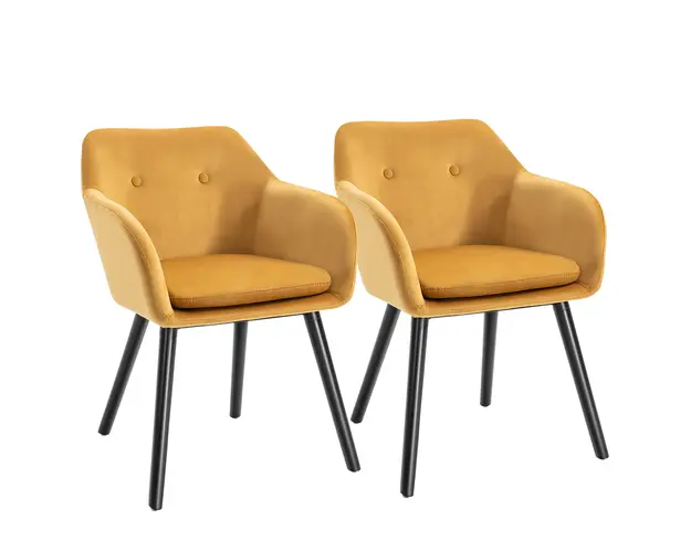 HOMCOM Set de 2 scaune pentru sufragerie cu cotiere, scaune pentru bucatarie tapitate cu catifea cu picioare din lemn, 54x56x74cm, galben