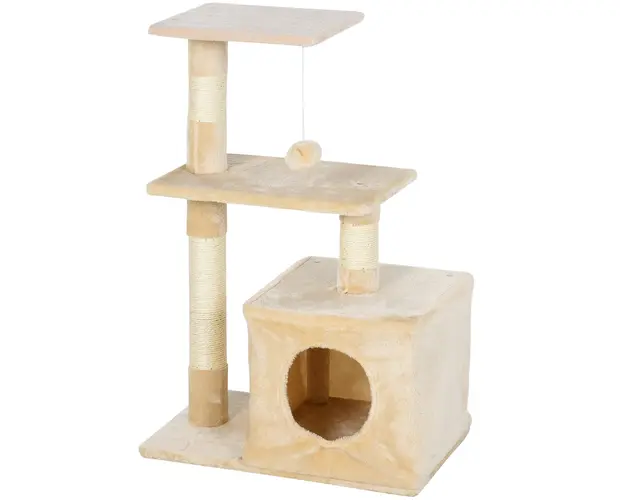 Centru de activitati PawHut cu spatiu pentru zgariat si culcus pentru pisici minge sfoara din sisal plus din lemn bej 50 x 30 x 80cm | Aosom RO