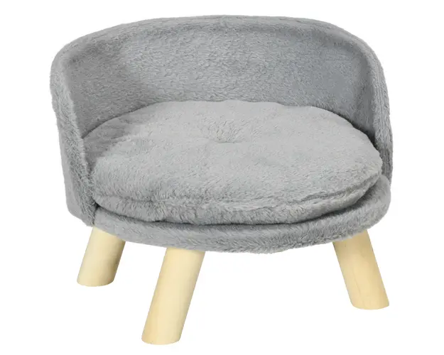 PawHut Canapea Rotunda pentru Caini din Tesatura de Plus si Lemn cu Perna Suplimentara din Bumbac, Ø40,5x33 cm, Gri | Aosom Romania