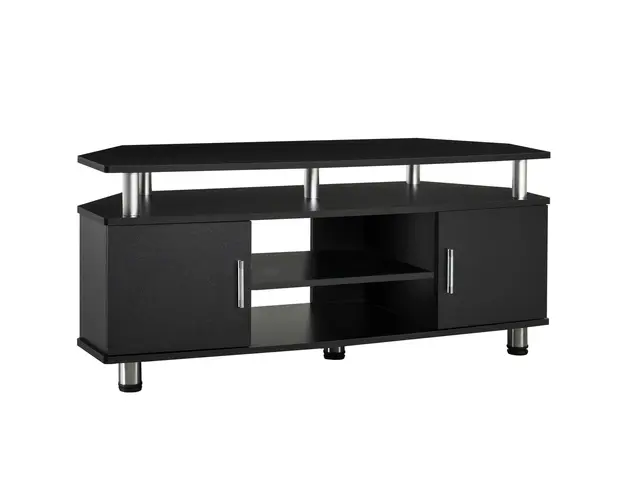 Comoda TV moderna HOMCOM, cu 2 compartimente inchise, raft, blat, benzi antiderapante, picioare din otel inox, din lemn, negru | Aosom Romania
