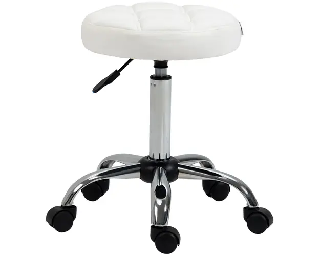 HOMCOM Scaun Rotativ cu Roti, Rotund, Scaun pentru Coafor si Estetician cu Inaltime Ajustabila, Tapitat in Piele Ecologica, Ø35.5x51-67 cm, Alb