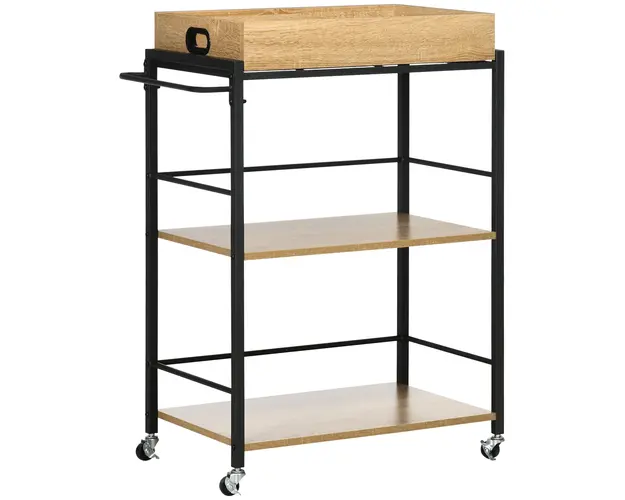HOMCOM Carucior Bucatarie cu 3 Rafturi, Tava Detasabila, Roti, 65x40x86cm, Lemn si Negru | Aosom Romania