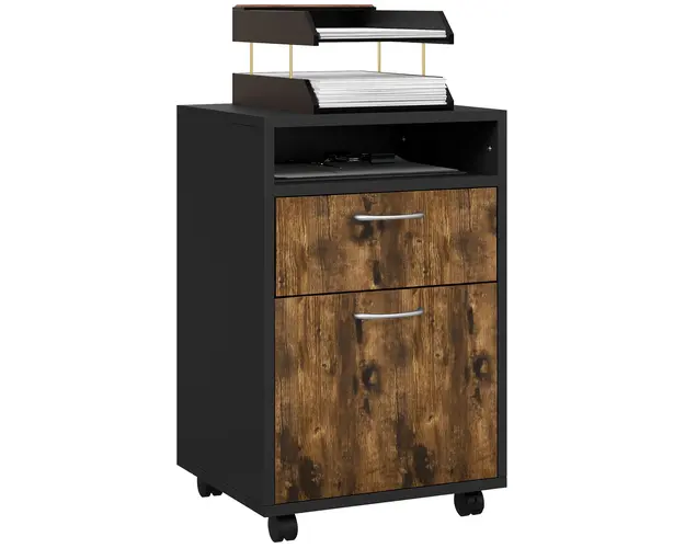 HOMCOM Dulapior de Birou cu 4 Roti, Raft Deschis si 2 Sertare, Mobilier de Birou din Lemn si Metal, 40x35x60 cm, Maro | Aosom Romania