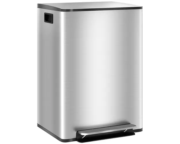 HOMCOM Cos de Gunoi cu 2 Compartimente de 30L, Pedala si Capac Silentios, 47,7x37,5x66,8 cm, Argintiu | Aosom Romania