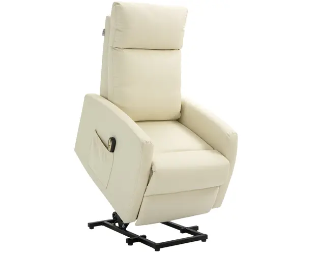 Fotoliu HOMCOM Fotoliu cu telecomanda, spatar cu inclinare la 145 si suport pentru picioare, din piele artificiala crem, 67x95x105 cm