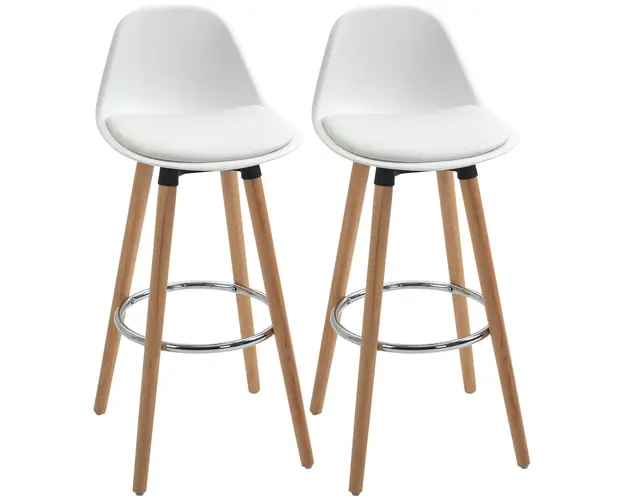 HOMCOM Set de 2 Scaune Inalte de Bar cu Spatar, Scaune Inalte cu Perna si Pernite pentru Picioare, 38,5x42,5x91 cm, Alb | Aosom Romania