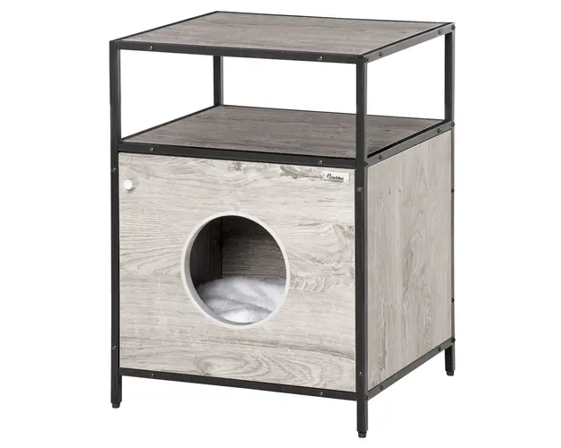 PawHut Casuta Multifunctionala pentru Pisici cu Perna Lavabila, Dulap si Etajere, Gri, Design Modern din Otel si Lemn | Aosom Romania
