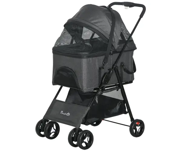 PawHut Carucior 3 in 1 pentru Caini, Carucior pentru Animale de Companie cu Lesa, Perna, Cos si Baldachin, 76x51x100 cm, Gri | Aosom Romania