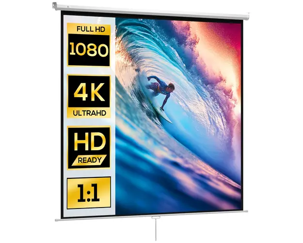 HOMCOM Ecran de Proiectie 120 Inch Format 1:1, Ecran Rulabil cu Unghi de 160 si Montare pe Tavan sau Perete, 223x8x223 cm, Alb | Aosom Romania