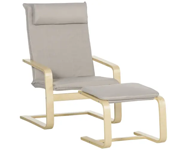 Fotoliu Relax cu suport pentru picioare, fotoliu din lemn si tesatura cu efect de in cu perna pentru tetiera, 67x69x100cm, gri HOMCOM | Aosom Romania