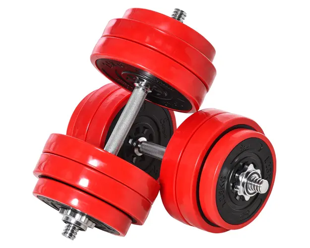 HOMCOM Set Haltere si Gantere 30 kg, Discuri Plastic Rezistent la Zgarieturi, Rosu si Negru, Antrenament Acasa | Aosom Romania