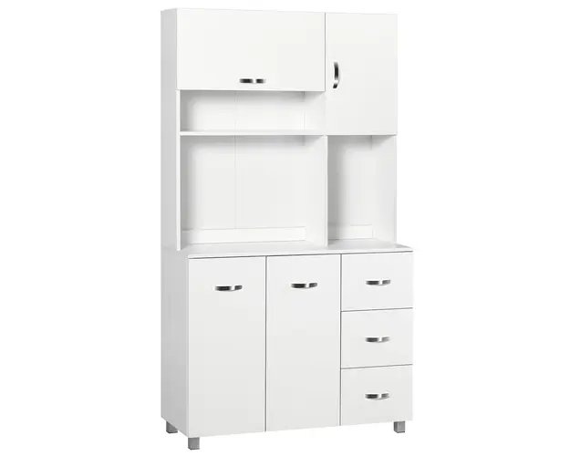 Homcom Bufet Inalt pentru Bucatarie, Dulap cu Sertare si Dulapioare, Rafturi Deschise pentru Microunde, 100x39.5x183.5cm, Alb | Aosom Romania