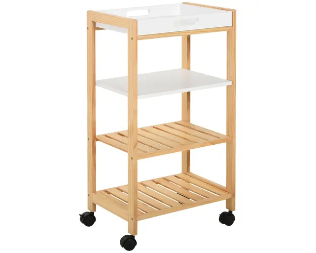 HOMCOM Carucior de bucatarie cu 4 nivele din MDF si lemn de pin cu 4 roti pivotante, 40x30x76 cm, alb si maro | Aosom Romania