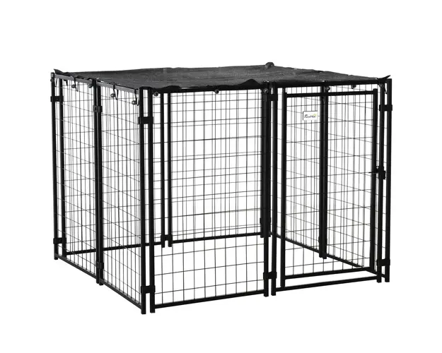 PawHut Tarc Caini Otel Pliabil cu Acoperis 8 Panouri Usa Blocabila Negru 141x141x113cm Spatios | Aosom Romania