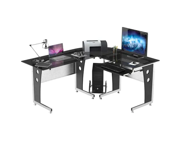 HOMCOM Birou de Colt Modern din MDF Metal si Sticla, Design Ergonomic, Negru | Aosom Romania