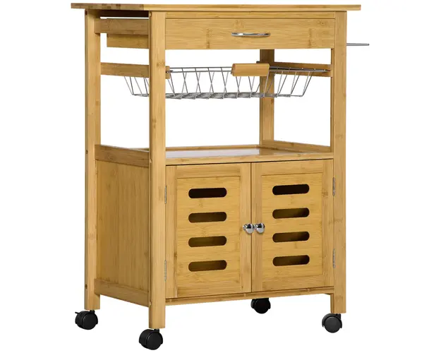 HOMCOM Carucior Bucatarie cu Sertar, Lemn, 4 Roti (2 cu Frana), Culoare Naturala | Aosom Romania