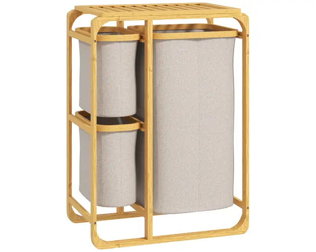 HOMCOM Cos pentru Rufe cu 3 Saci si Rafturi Detasabile din Material Textil din Bambus, 50x32x69,7 cm, Alb Crem | Aosom Romania