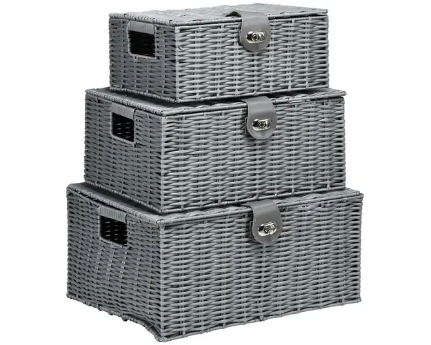 HOMCOM Set de 3 Cosuri de Depozitare din Rachita PP cu Capac, Containere Dreptunghiulare de Diferite Dimensiuni, Gri | Aosom Romania