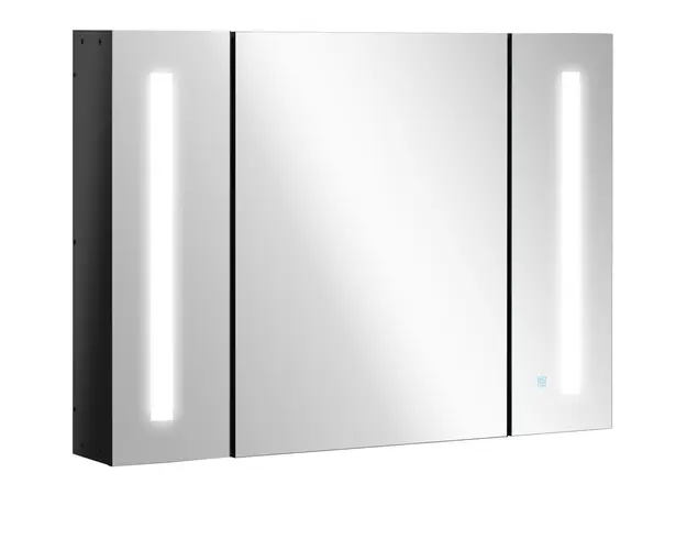 Kleankin Dulap de Baie LED cu Oglinda, Dulap de Depozitare cu 3 Usi, Oglinda si Rafturi Reglabile, 90x15x65 cm, Negru Lucios | Aosom Romania