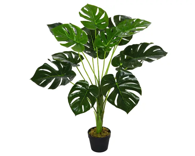 Monstera artificiala cu 13 frunze pliabile, design realist Muschi PE si baza cimentata cu ghiveci Ф16x85cm Outsunny | Aosom Romania
