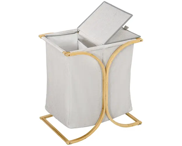HOMCOM Cos de Rufe Dublu cu 2 Sectiuni, Cos de Rufe din Bambus cu Capac, 55x40x62 cm, Gri