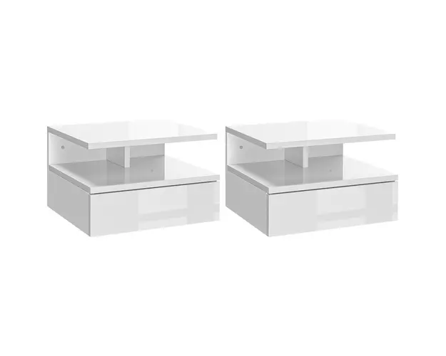 HOMCOM Set de 2 Noptiere Suspendate cu Raft Superior, Design Modern, Lemn, Alb Lucios, 35x32x22.5cm | Aosom Romania