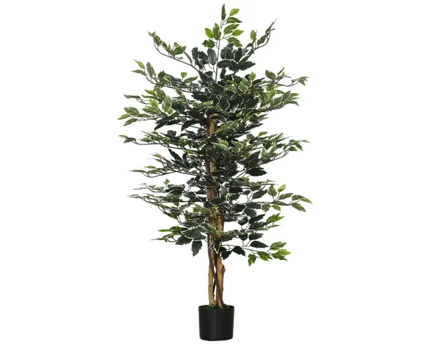 HOMCOM Ficus Artificial Inalt 130 cm cu 702 Frunze Colorate in Ghiveci, Decor Interior si Exterior, Verde Multicolor | Aosom Romania