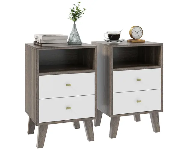HOMCOM Set de 2 Noptiere Moderne cu 2 Sertare si Spatiu Deschis, Masuta Laterala pentru Dormitor, 40x34x64 cm, Gri