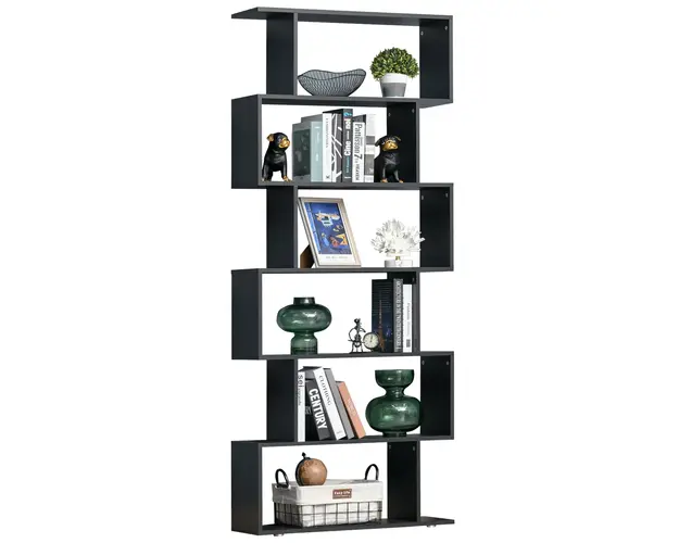 HOMCOM Biblioteca Moderna in Forma de S cu 6 Etajere, pentru Birou sau Living, din Lemn, 80x24x191 cm, Neagru | Aosom Romania