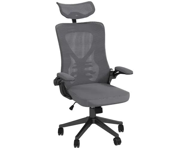 Vinsetto Scaun Ergonomic de Birou Reglabil cu Tetiera Suport Lombar Cotiere Rabatabile Gri/Negru 65x64x120-130cm | Aosom Romania