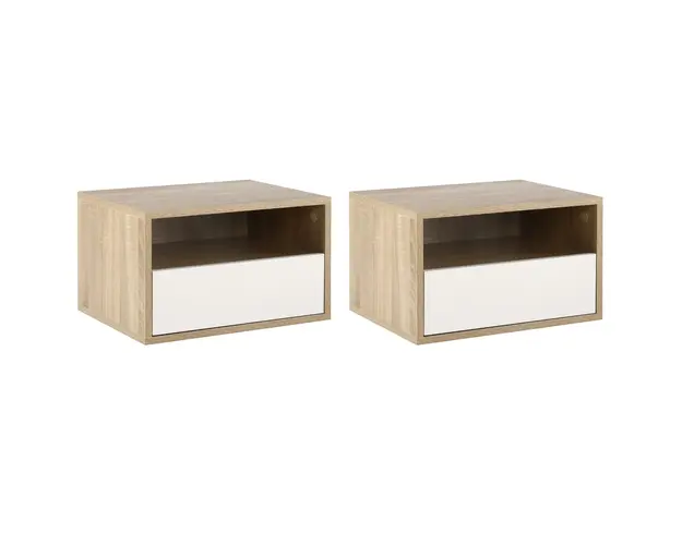 HOMCOM Set de 2 Noptiere Suspendate din Lemn, Design Modern cu Sertar si Raft, Alb si Lemn, 45x35x27.5cm | Aosom Romania