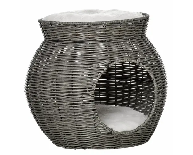 PawHut Cos pentru Pisici din Rattan PE cu 2 Niveluri, Zona de Zgariat si Cusca, Perne de Plus Lavabile, Diametru Φ50x43.5cm, Gri Inchis | Aosom Romania