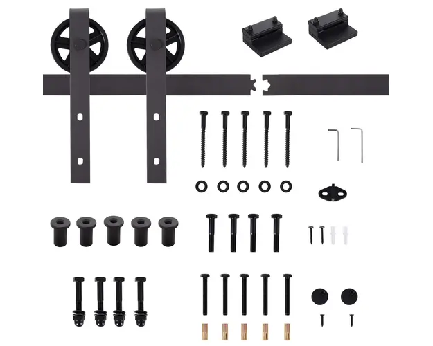 HOMCOM Kit Usa Glisanta 100kg max din Otel Carbon, pentru Usi Glisante cu Sina, 2 Manere, 2 Opritoare Usa, 2 Opritoare Podea, 183x4x0.6 cm