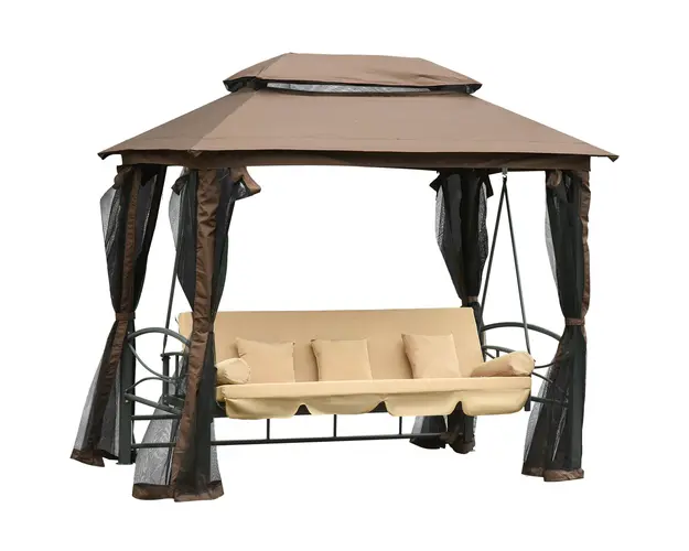 Outsunny Balansoar 3 Locuri de Gradina Convertibil in Pat cu Foisor, cu Plasa Impotriva Tantarilor si Perne, 257x175x240cm Bej | Aosom Romania