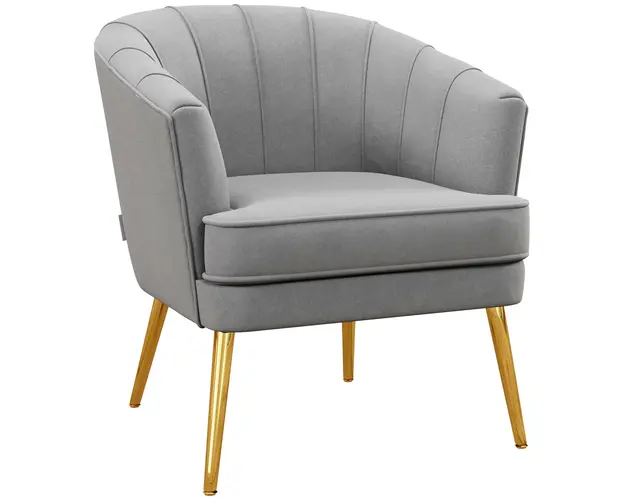 HOMCOM Scaun de Efect Textil pentru Camera de Zi, Picioare Metalice Aurii, Catifea Gri, Confortabil si Elegant | Aosom Romania