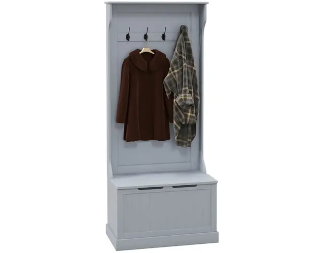 HOMCOM Cuier 3 in 1 cu 4 Carlige, Banca Depozitare si Cuier, Mobilier cu Spatiu de Depozitare, 71,5x39,5x170 cm, Gri | Aosom Romania
