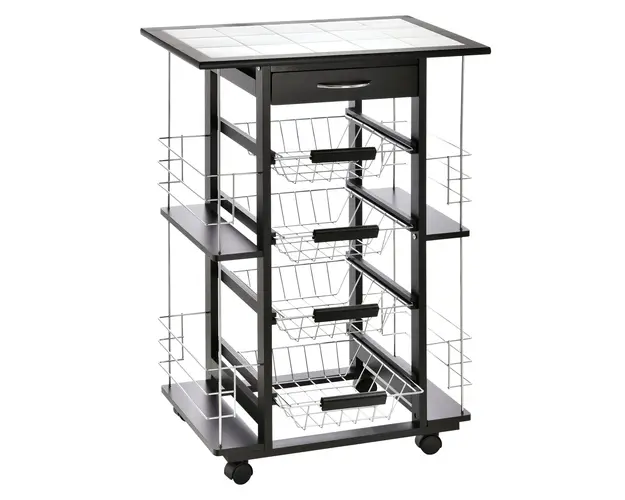 HOMCOM Carucior Bucatarie Negru, Depozitare, 4 Roti Rotative 360, 1 Sertar, 4 Cosuri Metalice, 4 Rafturi Laterale | Aosom Romania