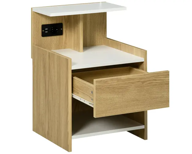 HOMCOM Noptiera Moderna cu Prize USB si Sertar, 40x40x60cm, Lemn Natural | Aosom Romania